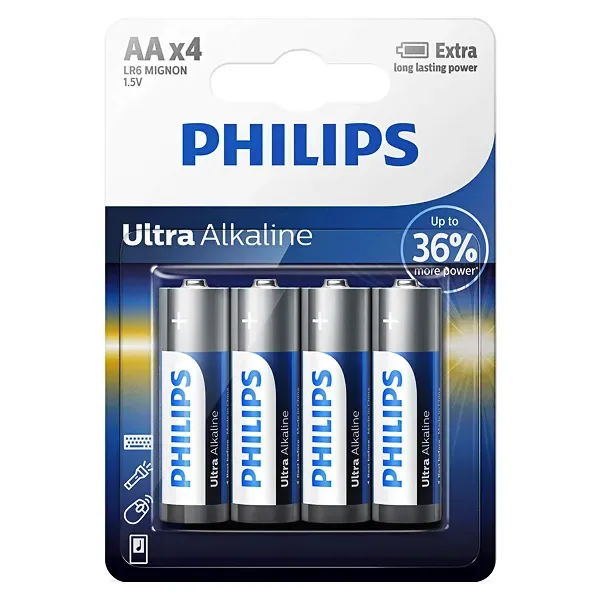 Pilha Alcalina Aa Philips Ultra Alkaline Lr6e4b 97 1.5V - 4 Unidades