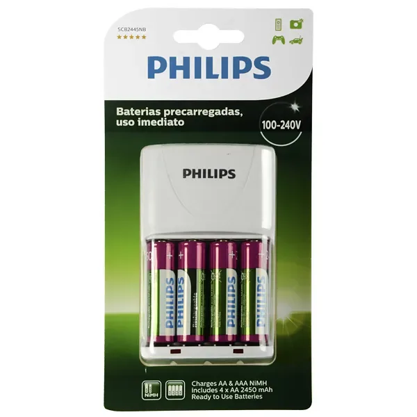 Carregador de Pilhas Philips Scb2445nb 97 Bivolt + 4 Pilhas Aa - Branco