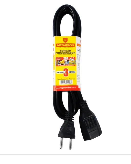 Megatron Cordao Prolongador 250V Pp 20a 1 Tomada 2p 3,0m Bivolt Preta 203