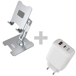 Suporte de Celular e Tablet Quanta QTSMA20 - Prata + Carregador Tomada QTCCR45