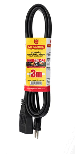 Megatron Cordao Prolongador 250V Pp 20a 1 Tomada 2p+t 3,0m Bivolt Preta 011408u0300pt00