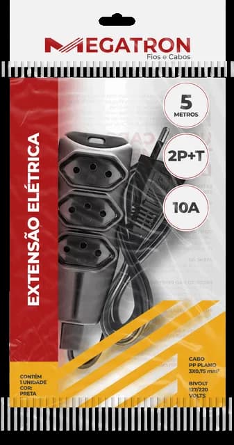 Megatron Extensao Eletrica 250V Pp 10a 3 Tomadas 2p+t 5,0m Bivolt Preta 011403s0500pt00(58)