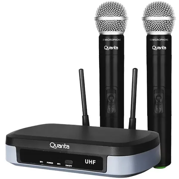 Microfone Sem Fio Quanta QTMWU104 com 2 Microfones Bivolt Preto Cinza