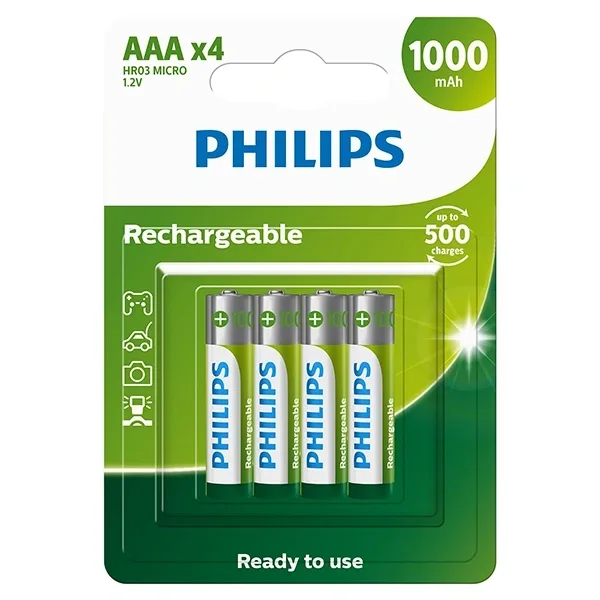 Pilha Recarregável Aaa Philips R03b4rtu10 97 de 1.000 MAH 1.2V - 4 Unidades