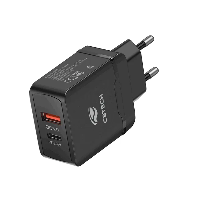 C3 Tech Carregador C/2 Saidas Usb/type C 3.0 20W Uc-p200bk