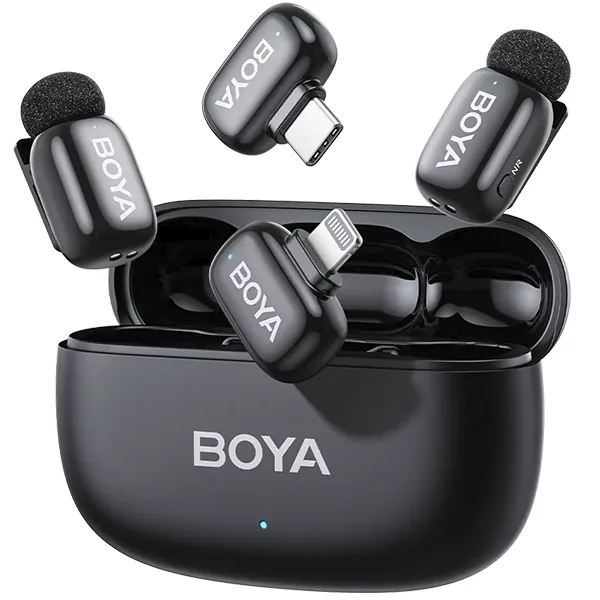 Microfone de Lapela sem Fio Boya Mini 2-01 com Lightning e Usb-c - Preto