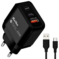Carregador Tomada Kolke KCR-2749 USB 3.0 / Usb-c / 20W - Preto + Cabo Usb-c 1m