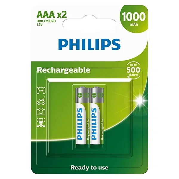 Pilha Recarregável Aaa Philips R03b2rtu10 97 de 1.000 MAH 1.2V - 2 Unidades
